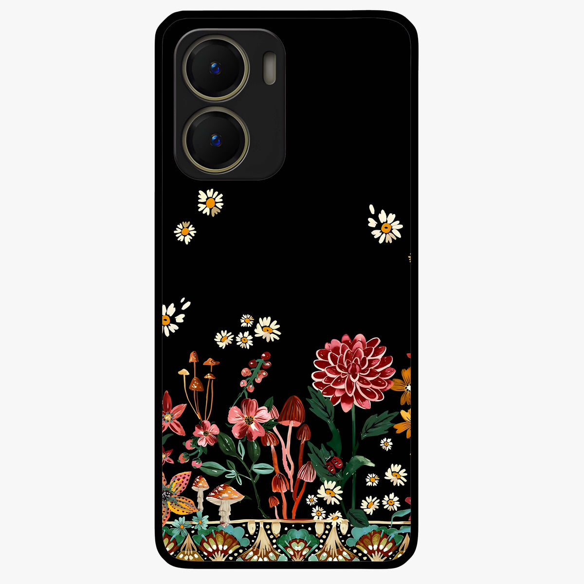 Midnight Bloom Pattern Glass Case showing flat back view with dark floral pattern artwork and glossy glass finish.