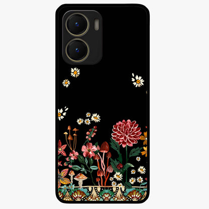 Midnight Bloom Pattern Glass Case showing flat back view with dark floral pattern artwork and glossy glass finish.
