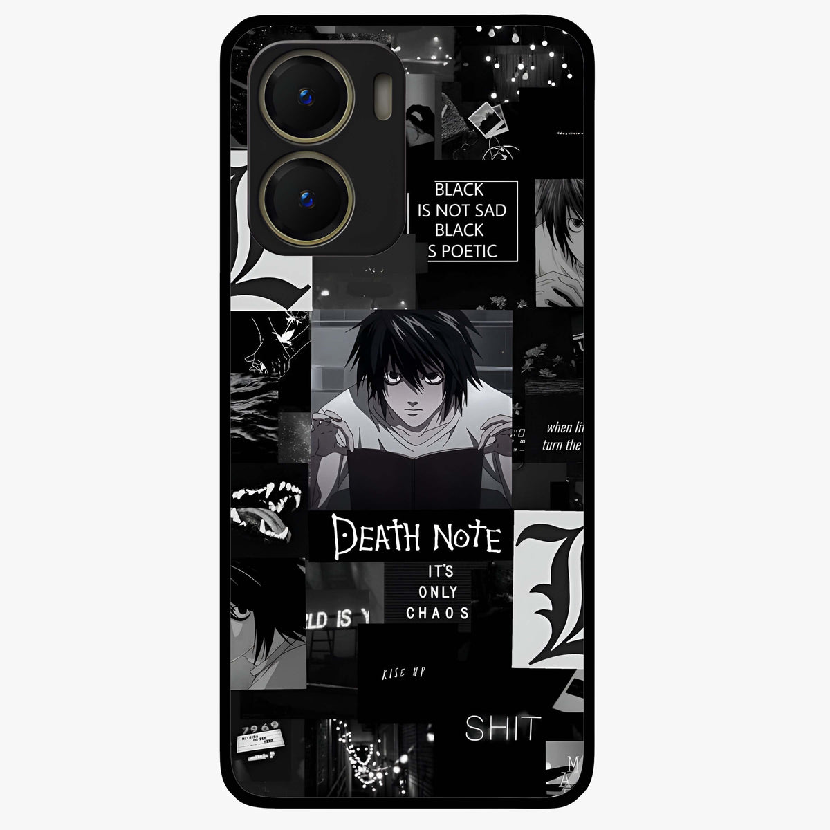 Midnight Chaos Mind Glass Case showing flat back view with abstract dark themed artwork and glossy glass finish.