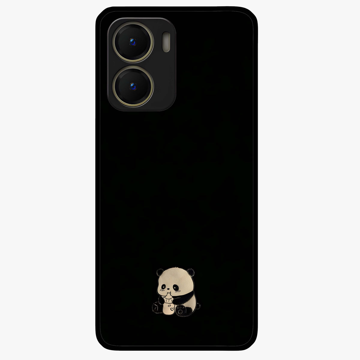 Midnight Panda Love Glass Case showing flat back view with cute panda themed artwork and glossy glass finish.