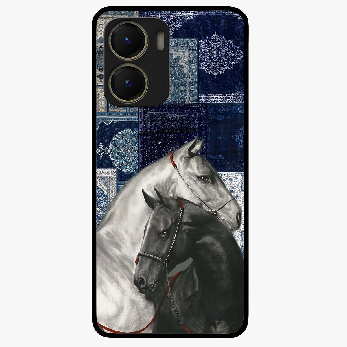 Midnight Stallion Blues Glass Case showing flat back view with majestic horse artwork and glossy glass finish.