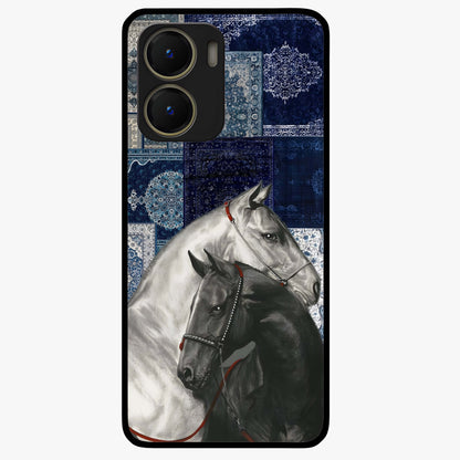 Midnight Stallion Blues Glass Case showing flat back view with majestic horse artwork and glossy glass finish.