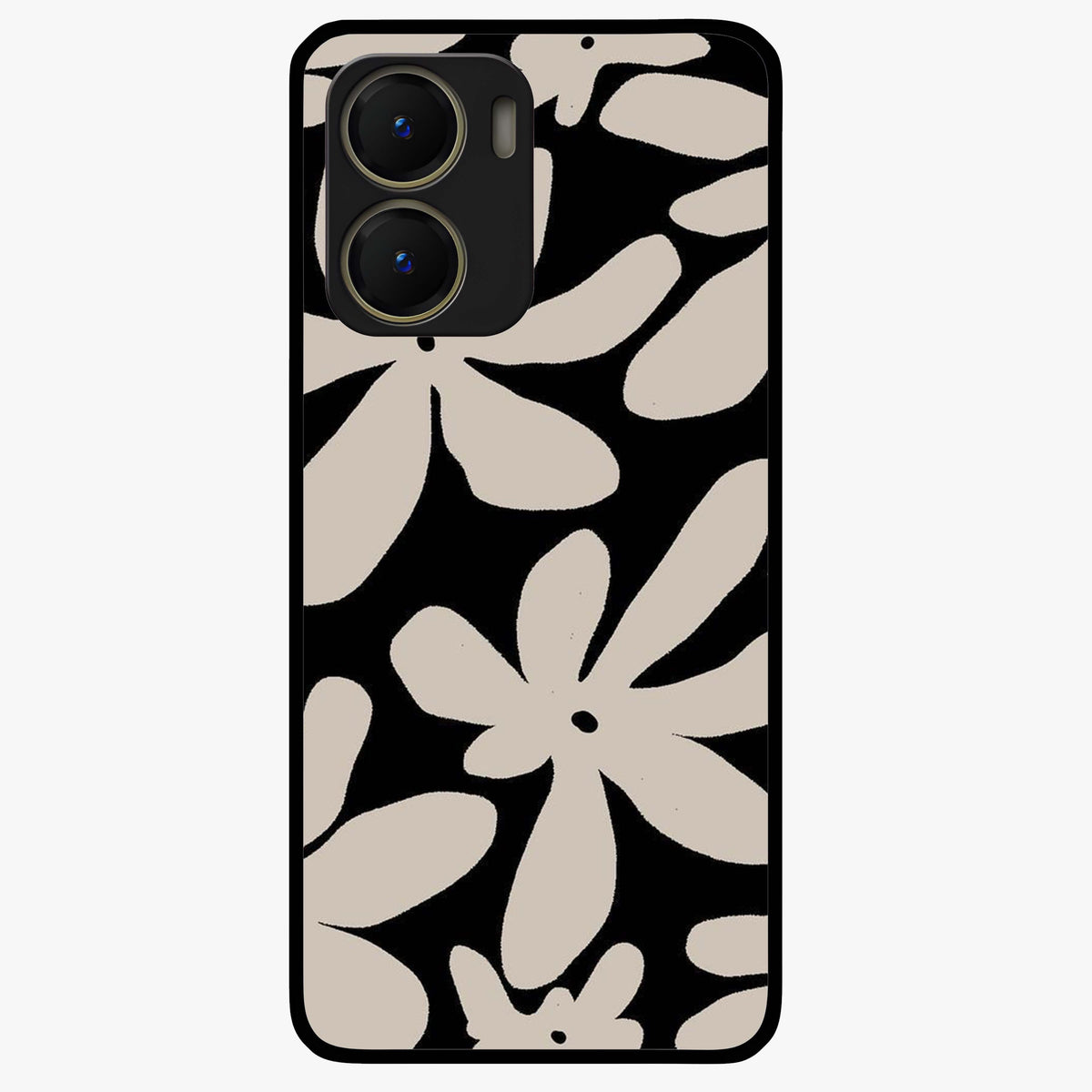 Monochrome Petal Dance Glass Case showing flat back view with monochrome floral artwork and glossy glass finish.