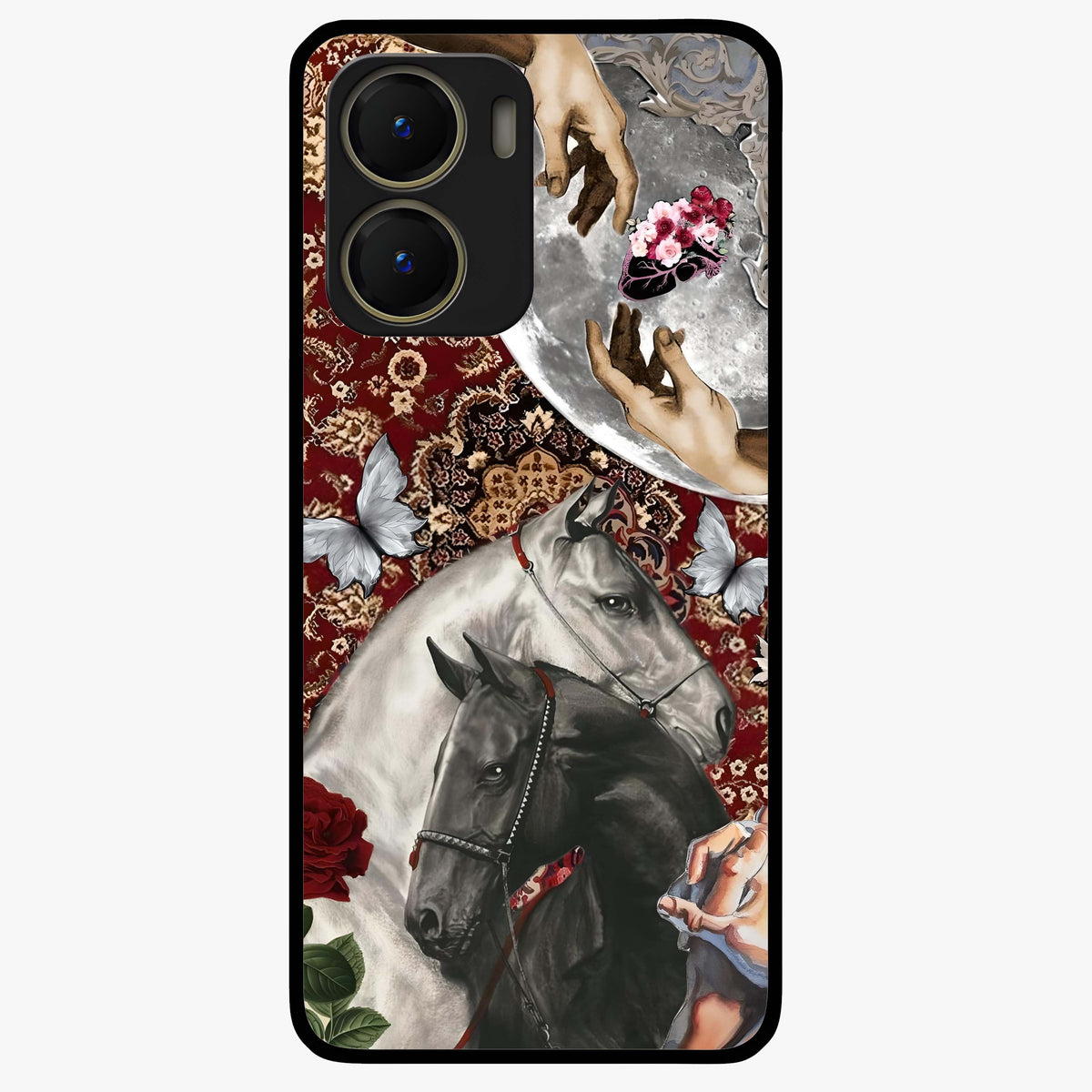Moonlit Royal Stallion Glass Case showing flat back view with majestic horse under moonlight artwork and glossy glass finish.