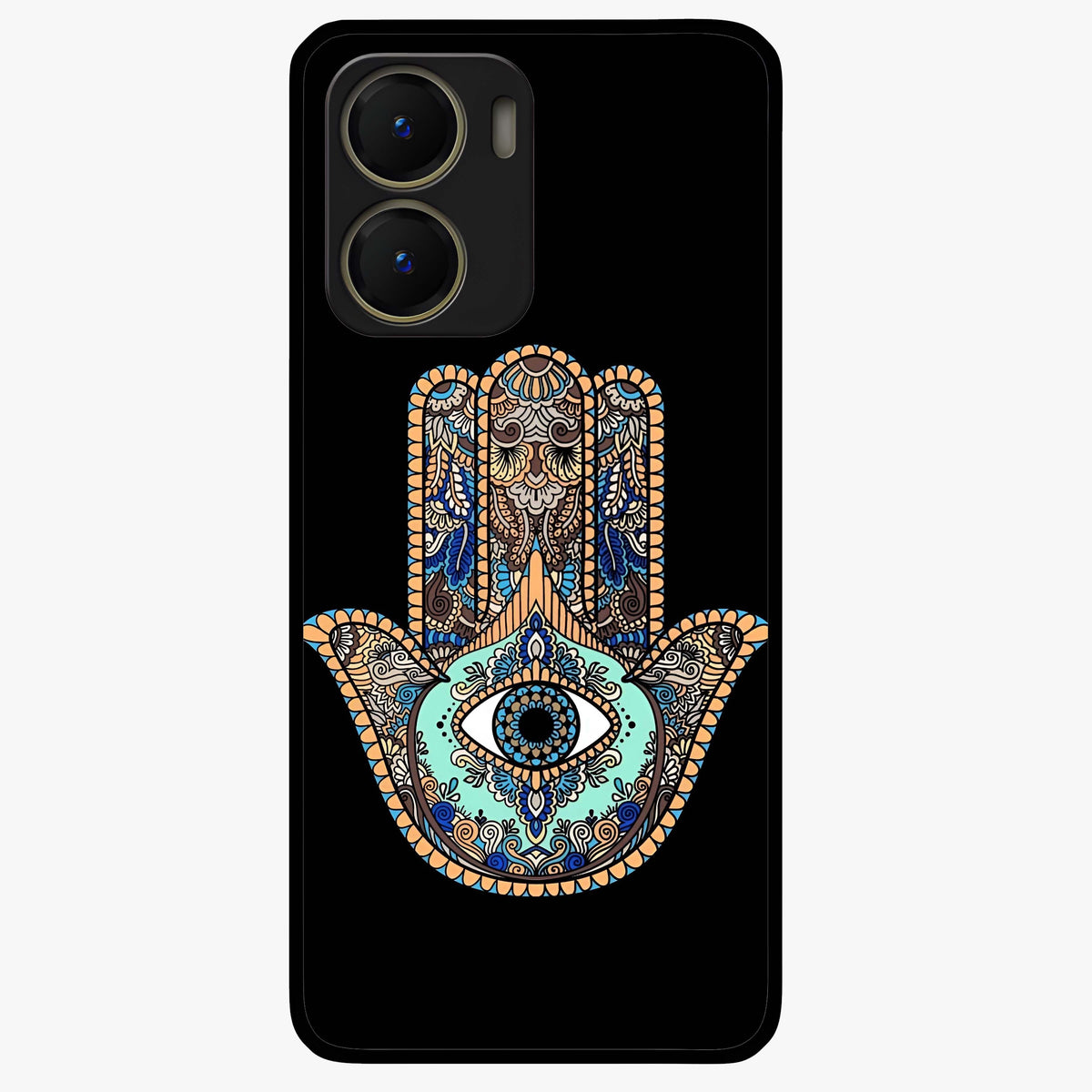 Mystic Hamsa Eye Glass Case showing flat back view with protective hamsa hand and evil eye artwork and glossy glass finish.
