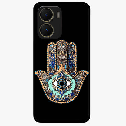 Mystic Hamsa Eye Glass Case showing flat back view with protective hamsa hand and evil eye artwork and glossy glass finish.