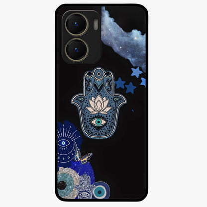 Mystic Hand Aura Glass Case showing flat back view with mystical hand symbol artwork and glossy glass finish.