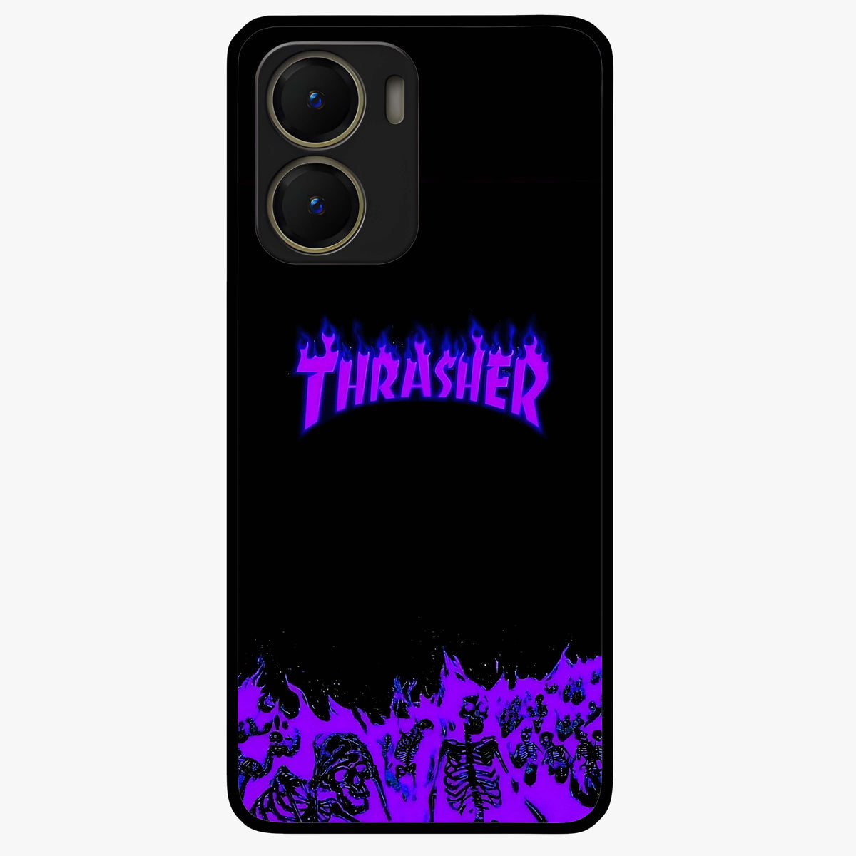 Neon Flame Riot Glass Case showing flat back view with neon flame artwork and glossy glass finish.