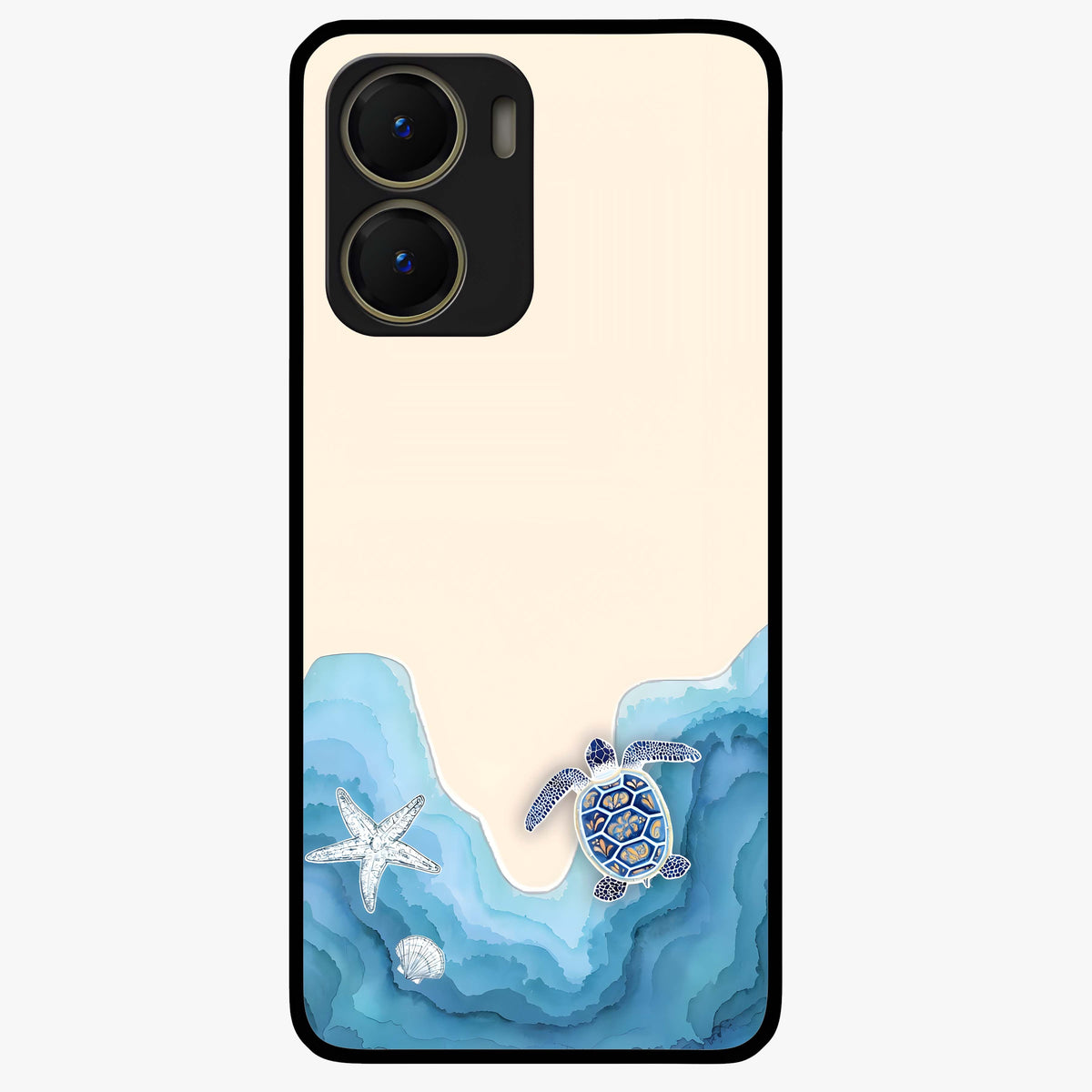 Ocean Drift Turtle Glass Case showing flat back view with sea turtle artwork and glossy glass finish.