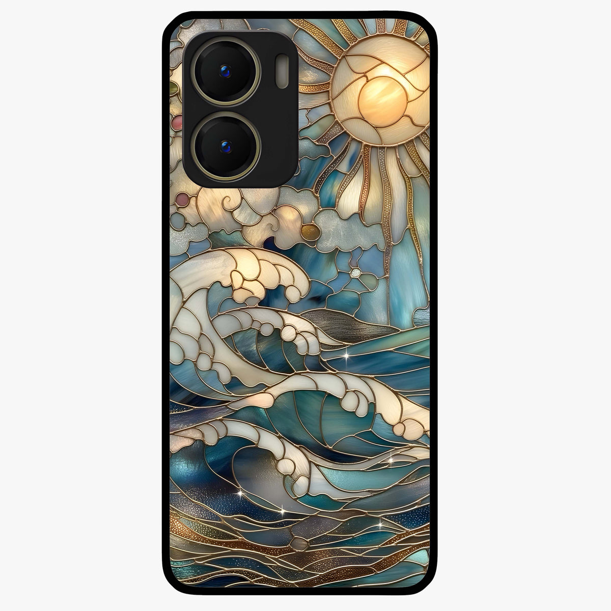 Oceanic Stained Printed Glass Case showing flat back view with ocean inspired stained pattern artwork and glossy glass finish.