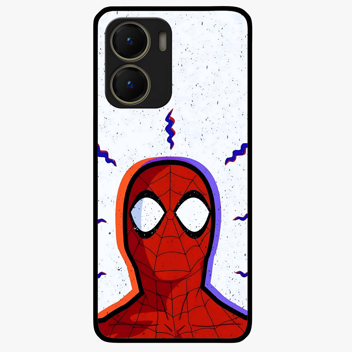 Omg Spiderman Glass Case showing flat back view with bold superhero inspired artwork and glossy glass finish.