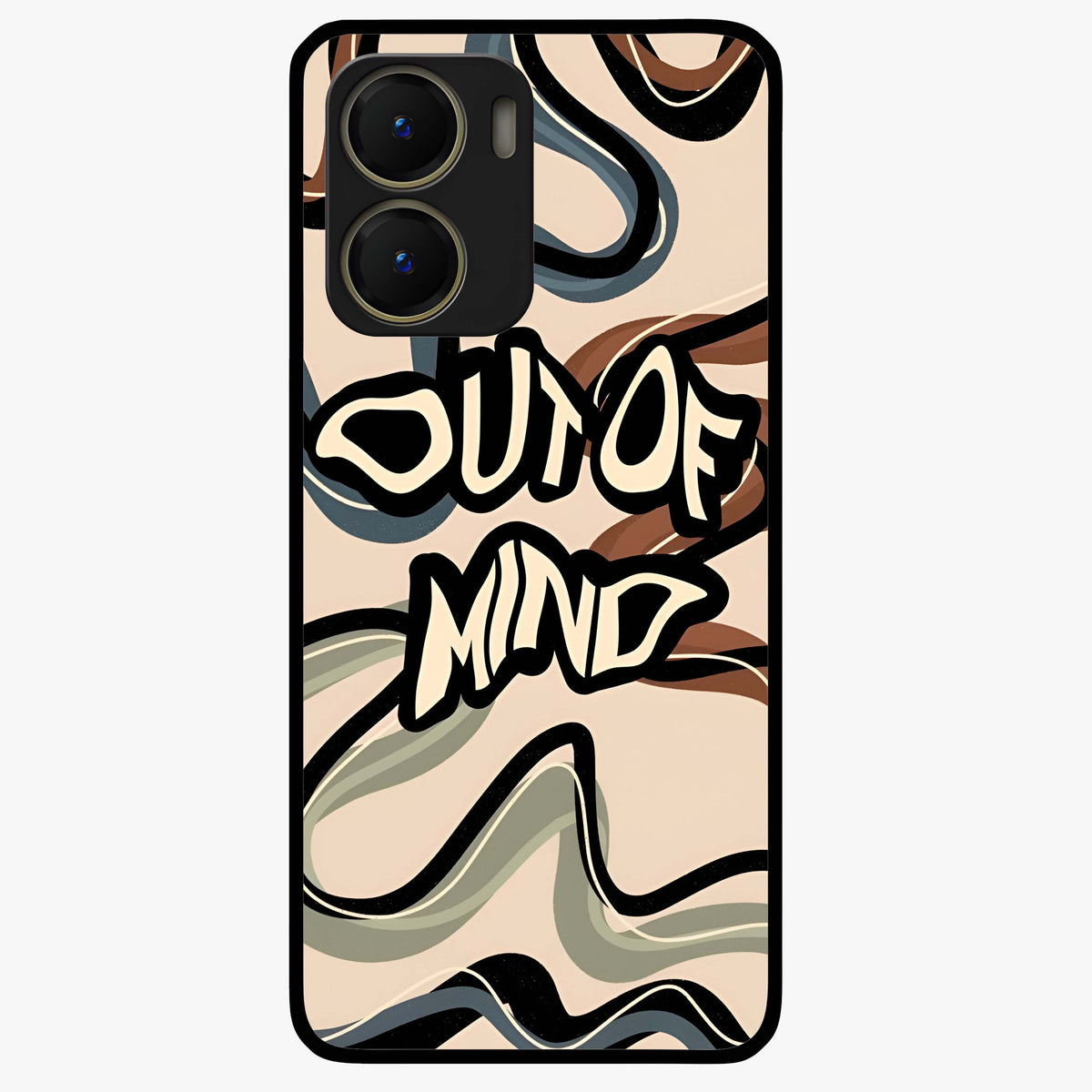 Out Of Mind Glass Case showing flat back view with expressive typography artwork and glossy glass finish.