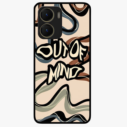Out Of Mind Glass Case showing flat back view with expressive typography artwork and glossy glass finish.