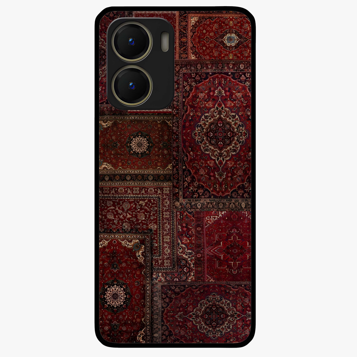 Persian Velvet Tale Glass Case showing flat back view with luxurious Persian velvet pattern artwork and glossy glass finish.