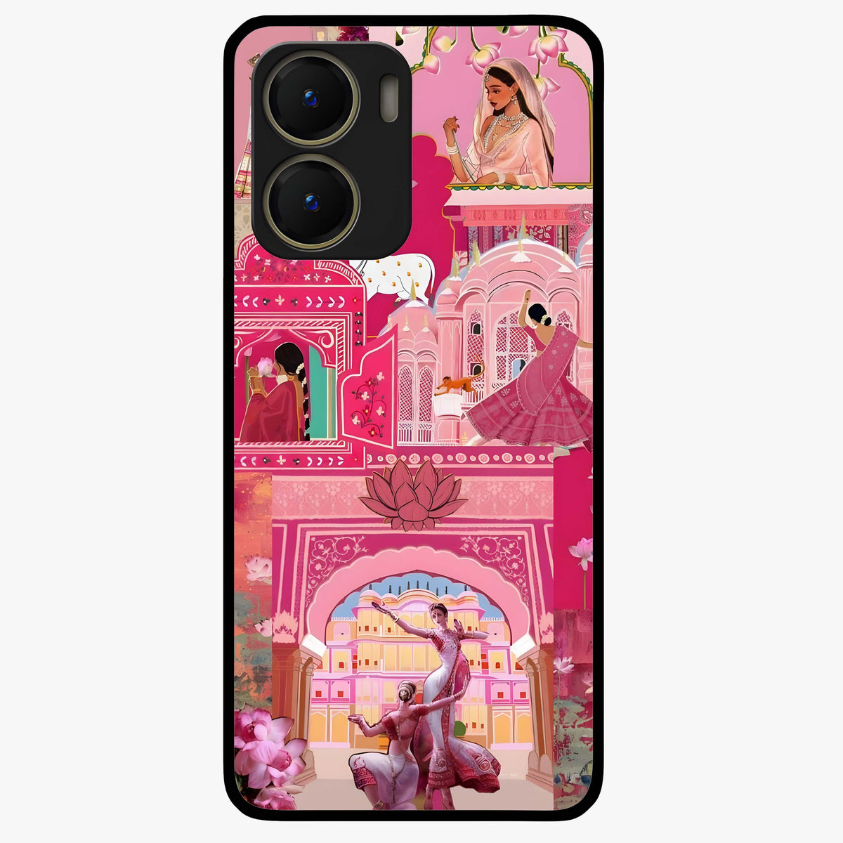 Pink Palace Muse Glass Case showing flat back view with elegant palace inspired artwork and glossy glass finish.