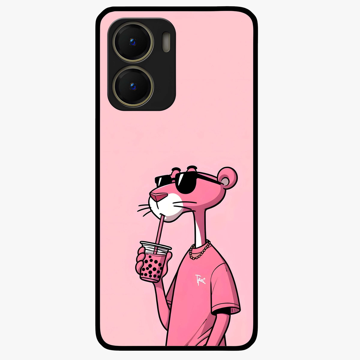 Pink Panther Glass Case showing flat back view with iconic pink panther artwork and glossy glass finish.