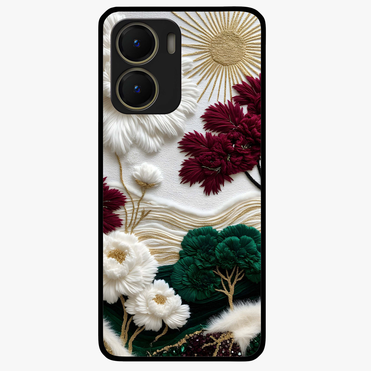 Radiant Bloom Elegance Glass Case showing flat back view with elegant blooming flower artwork and glossy glass finish.
