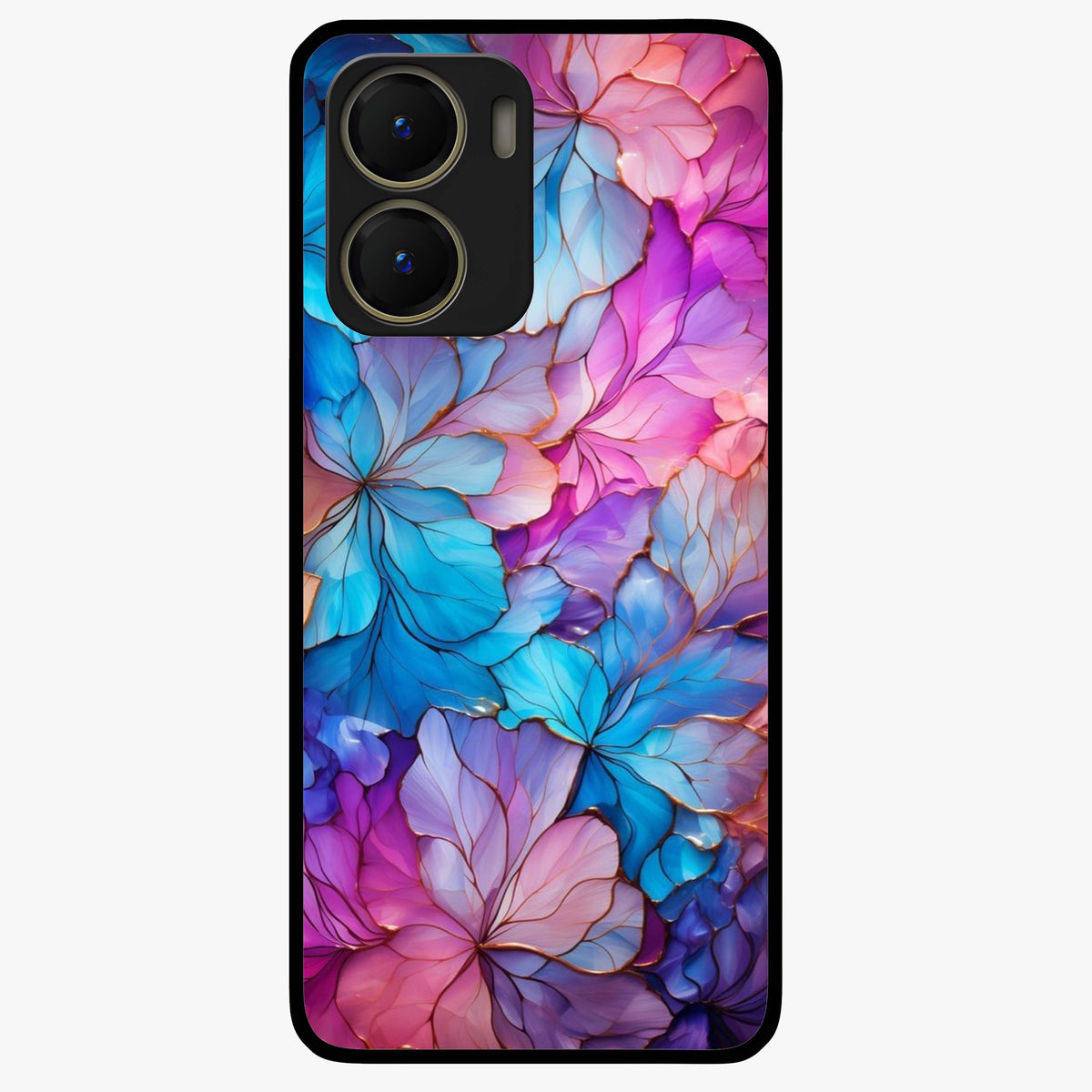 Radiant Floral Whirl Glass Case showing flat back view with swirling floral artwork and glossy glass finish.