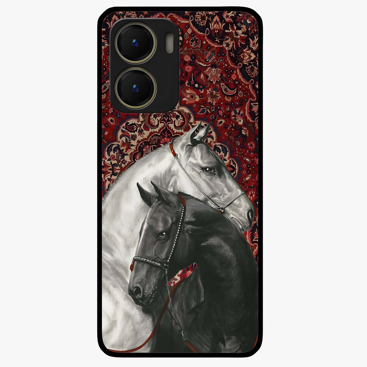 Regal Stallion Tapestry Glass Case showing flat back view with majestic horse tapestry artwork and glossy glass finish.