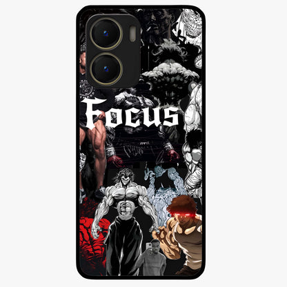 Relentless Power Focus Glass Case showing flat back view with motivational typography artwork and glossy glass finish.
