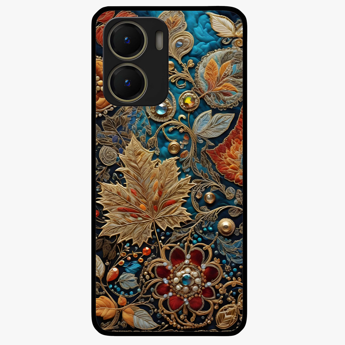 Royal Jewel Garden Glass Case showing flat back view with decorative floral garden artwork and glossy glass finish.
