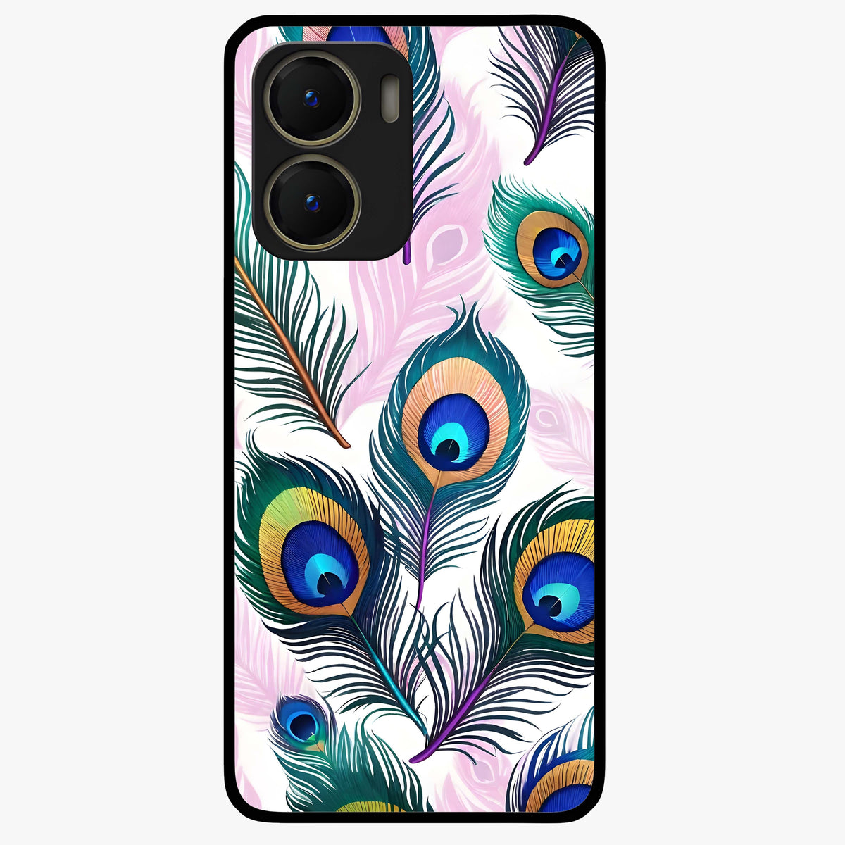 Royal Peacock Feathers Glass Case showing flat back view with colorful peacock feather artwork and glossy glass finish.