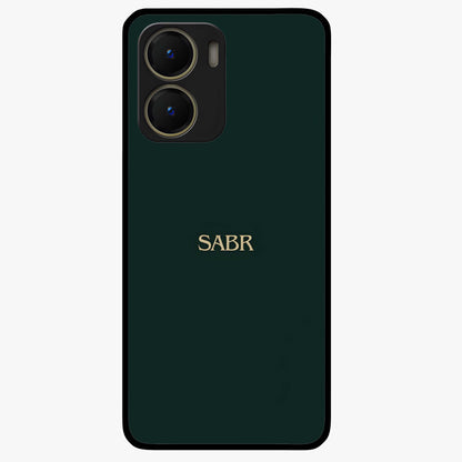 Sabr Minimal Patience Glass Case showing flat back view with minimalist typography artwork and glossy glass finish.