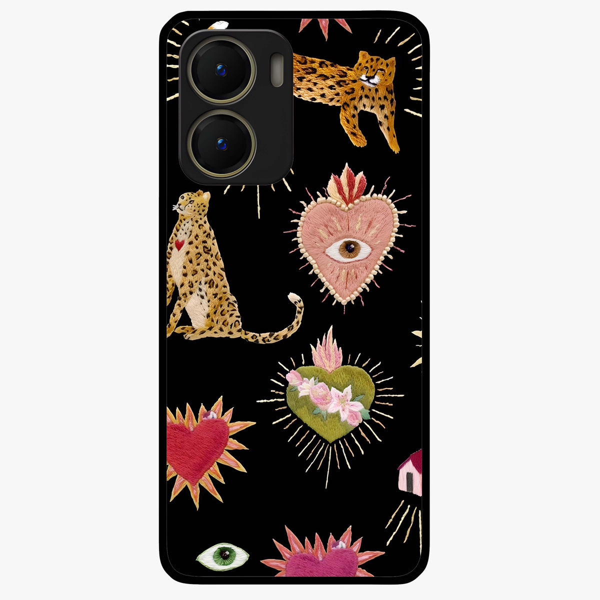 Sacred Jungle Heart Glass Case showing flat back view with jungle inspired heart artwork and glossy glass finish.