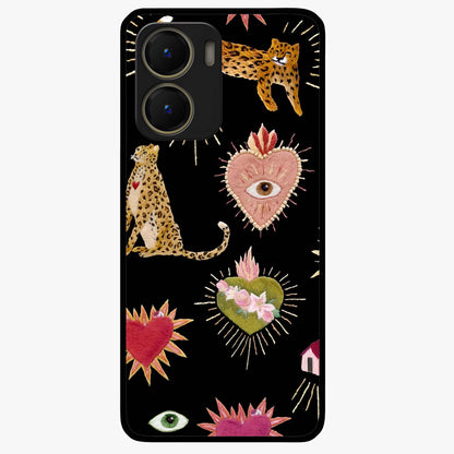 Sacred Jungle Heart Glass Case showing flat back view with jungle inspired heart artwork and glossy glass finish.
