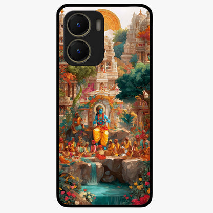 Sacred Sunlight Gods Glass Case showing flat back view with divine sunlight themed artwork and glossy glass finish.