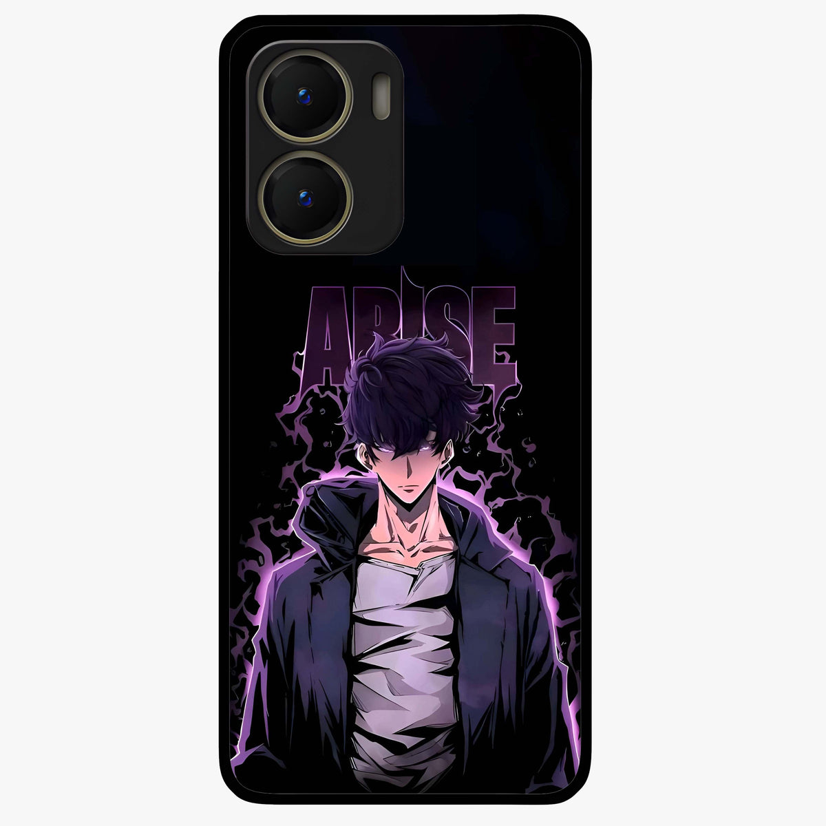 Shadow Monarch Awakening Glass Case showing flat back view with powerful dark monarch themed artwork and glossy glass finish.