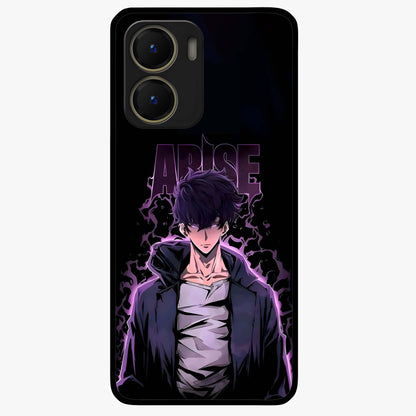 Shadow Monarch Awakening Glass Case showing flat back view with powerful dark monarch themed artwork and glossy glass finish.