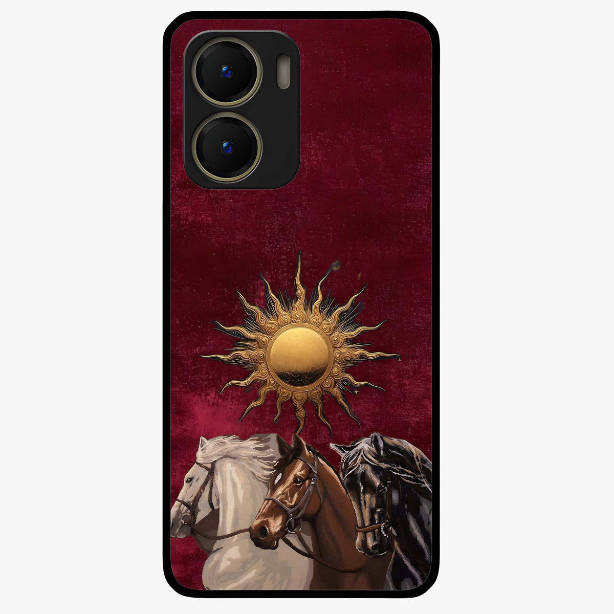 Solar Riders Glass Case showing flat back view with dynamic rider themed artwork and glossy glass finish.