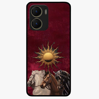 Solar Riders Glass Case showing flat back view with dynamic rider themed artwork and glossy glass finish.