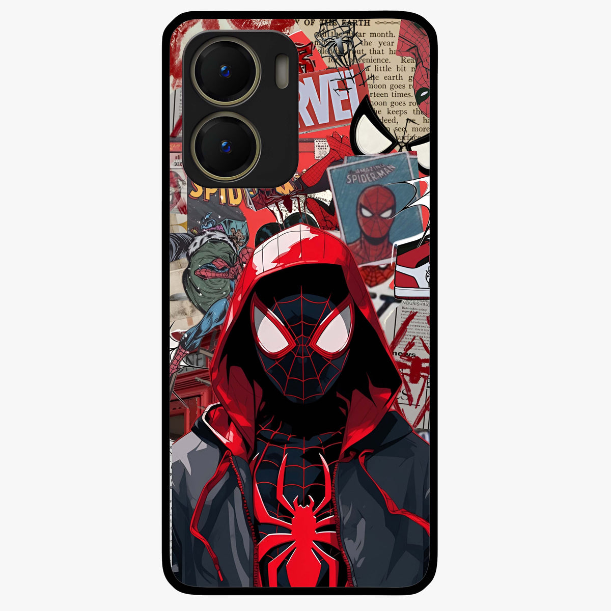 Spider Collage Street Glass Case showing flat back view with vibrant superhero collage artwork and glossy glass finish.