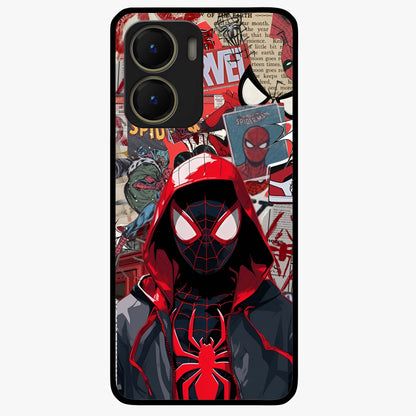 Spider Collage Street Glass Case showing flat back view with vibrant superhero collage artwork and glossy glass finish.