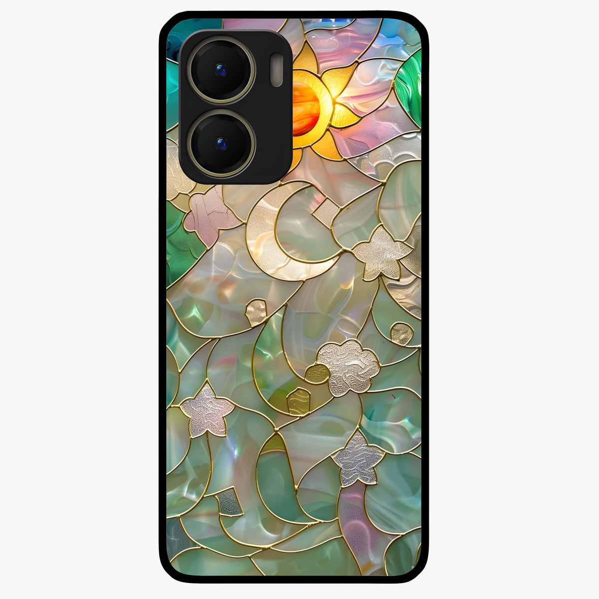 Stained Sunrise Glow Glass Case showing flat back view with glowing sunrise stained pattern artwork and glossy glass finish.