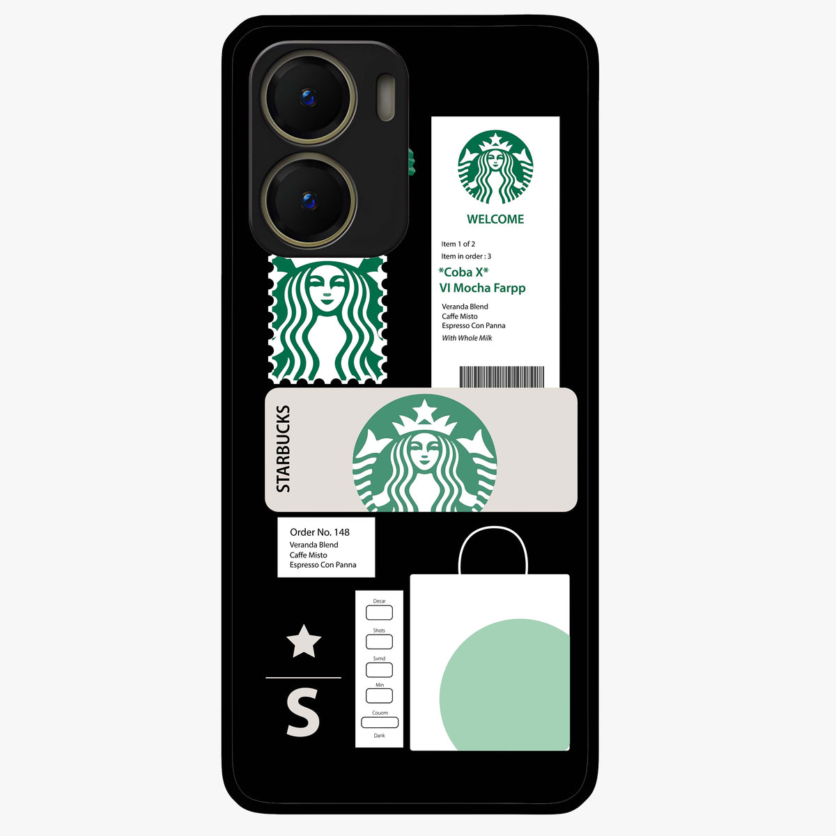 Starbucks Mocha Glass Case showing flat back view with coffee inspired artwork and glossy glass finish.