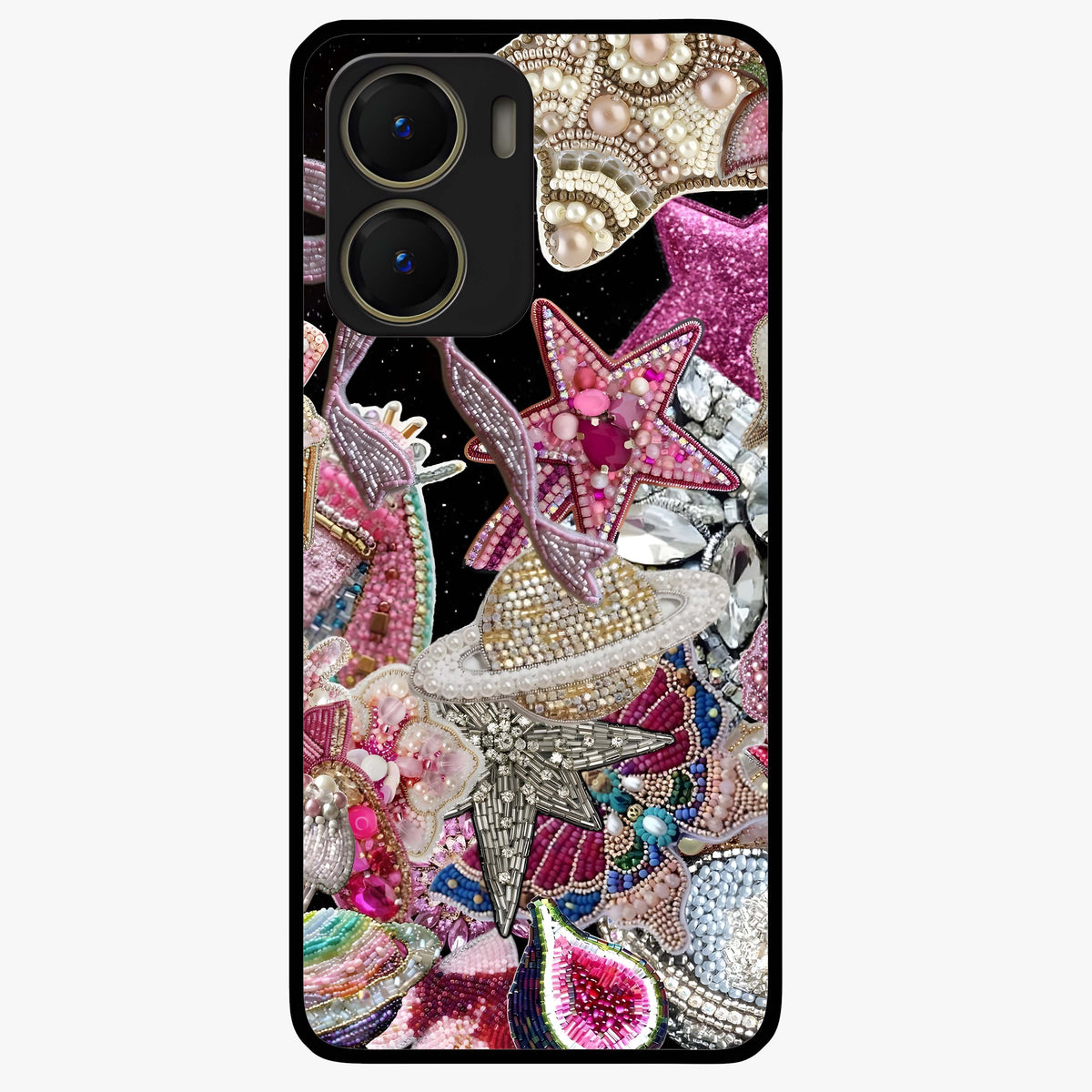 Starlit Jewel Dream Glass Case showing flat back view with sparkling jewel and star themed artwork and glossy glass finish.