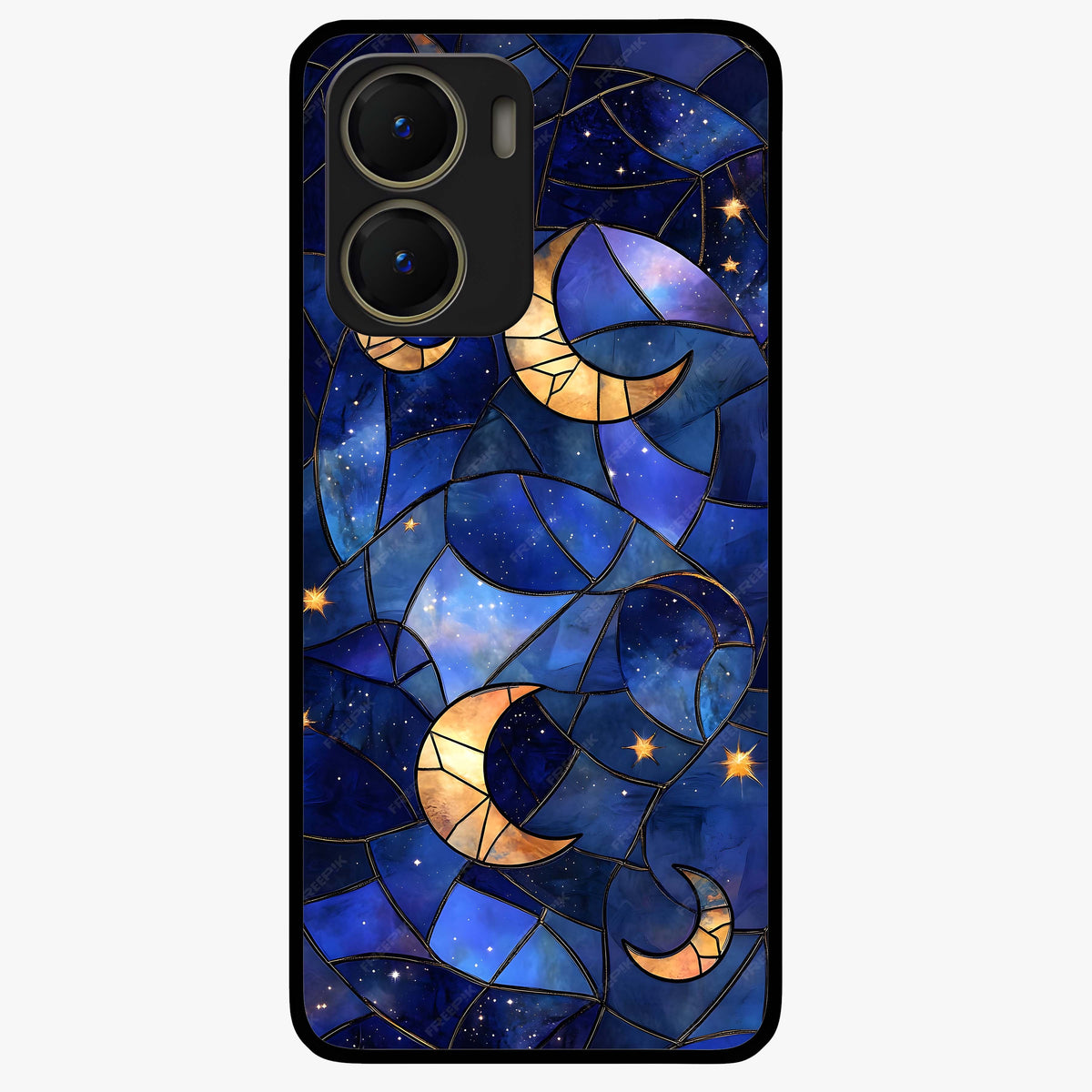 Starlit Sky Tapestry Glass Case showing flat back view with decorative starry sky tapestry artwork and glossy glass finish.
