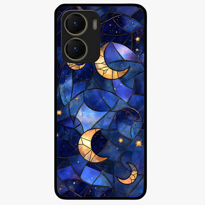Starlit Sky Tapestry Glass Case showing flat back view with decorative starry sky tapestry artwork and glossy glass finish.