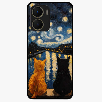 Starry River Cats Glass Case showing flat back view with cats by a starry river artwork and glossy glass finish.