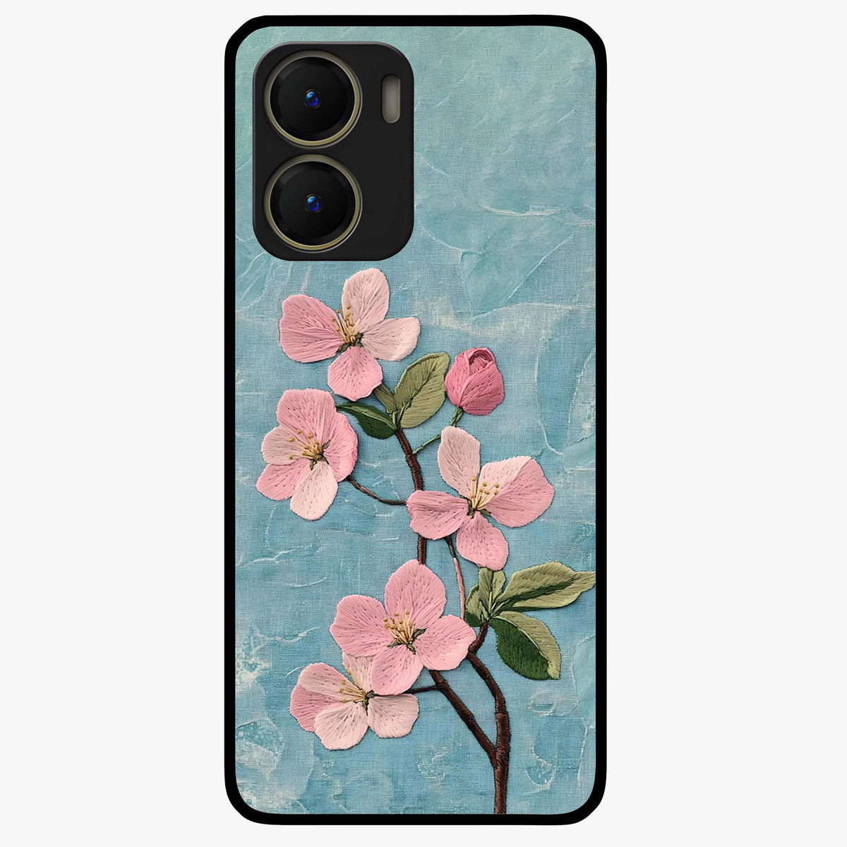 Threaded Blossom Breeze Glass Case showing flat back view with delicate blossom artwork and glossy glass finish.