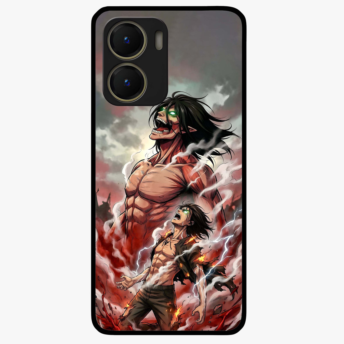 Titan Awakening Fury Glass Case showing flat back view with powerful titan inspired artwork and glossy glass finish.