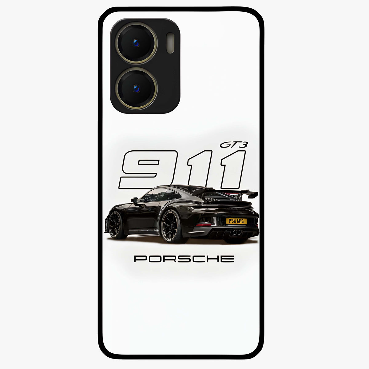 Turbo Legacy Icon Glass Case showing flat back view with iconic sports car inspired artwork and glossy glass finish.