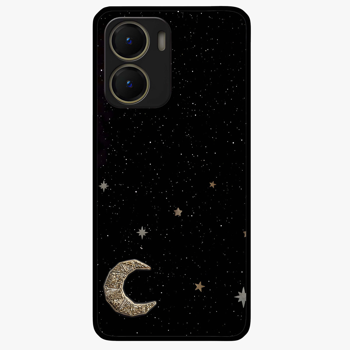 Twinkle Star With Half Moon Glass Case showing flat back view with star and half moon artwork and glossy glass finish.