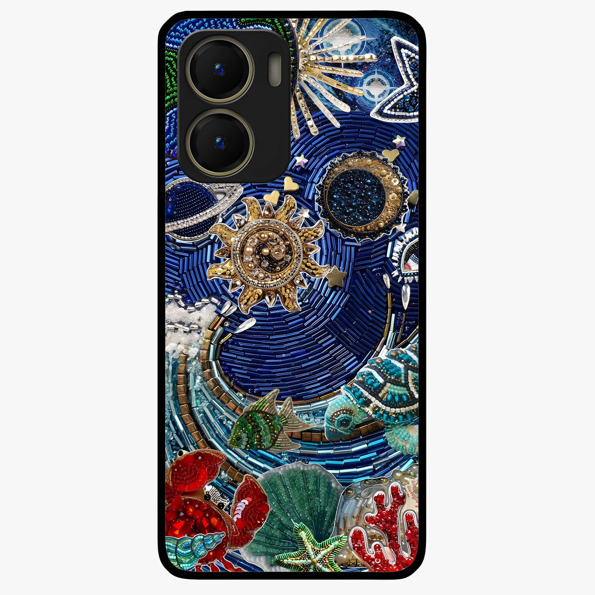 Universe Underwater Spark Glass Case showing flat back view with cosmic underwater themed artwork and glossy glass finish.