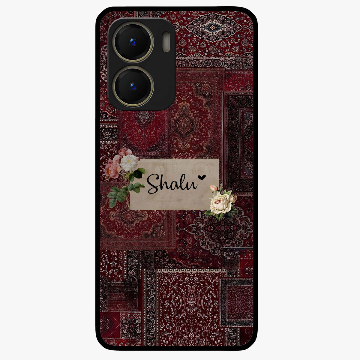Velvet Wine Pattern Custom Name Glass Case showing flat back view with elegant wine colored pattern artwork and personalized name design.