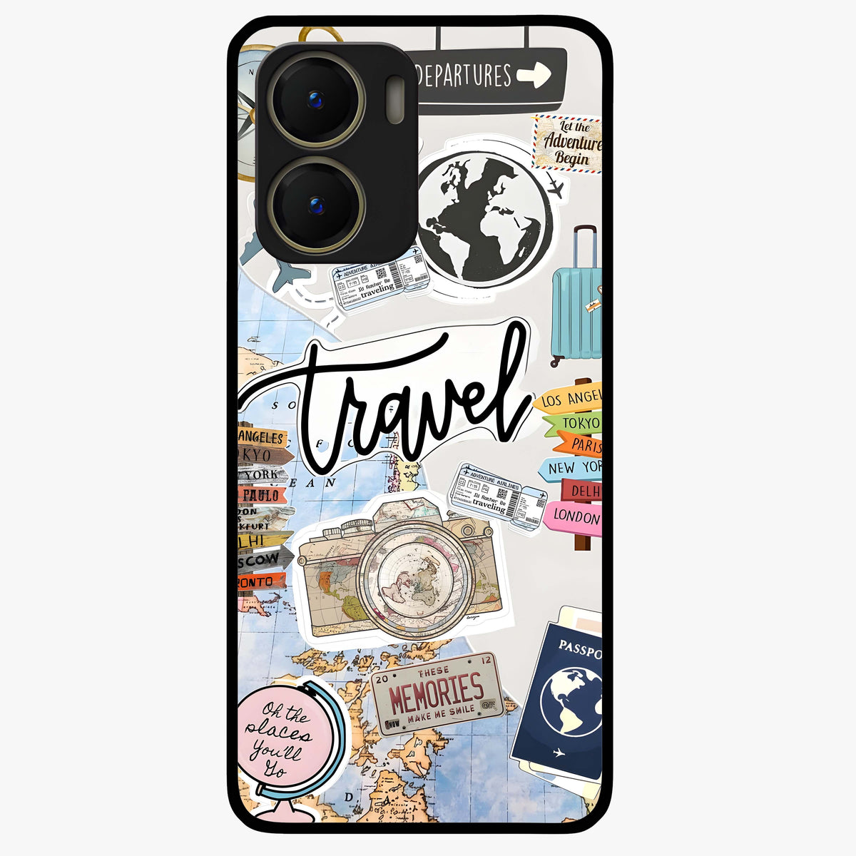 Wanderlust Journal Glass Case showing flat back view with travel inspired artwork and glossy glass finish.