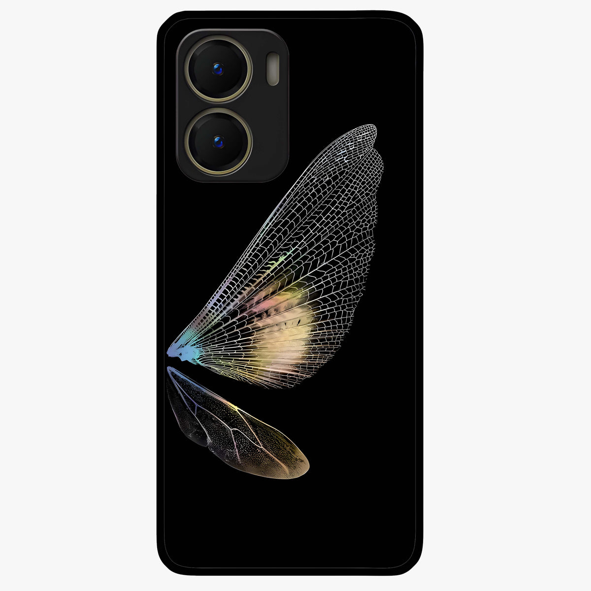Whispers Of Wings Glass Case showing flat back view with graceful wing inspired artwork and glossy glass finish.